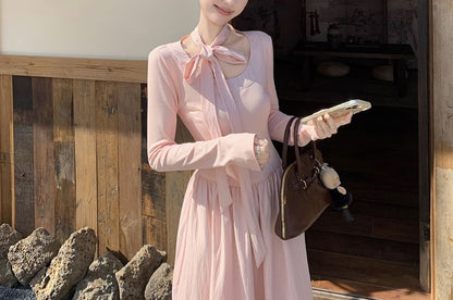 Long-Sleeve Scoop Neck Plain Maxi A-Line Dress