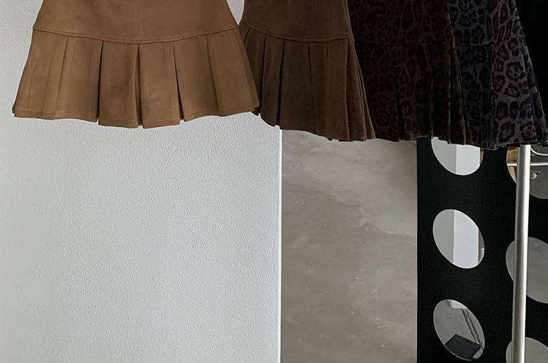 Leopard & Faux Suede Mini Pleated Skirt