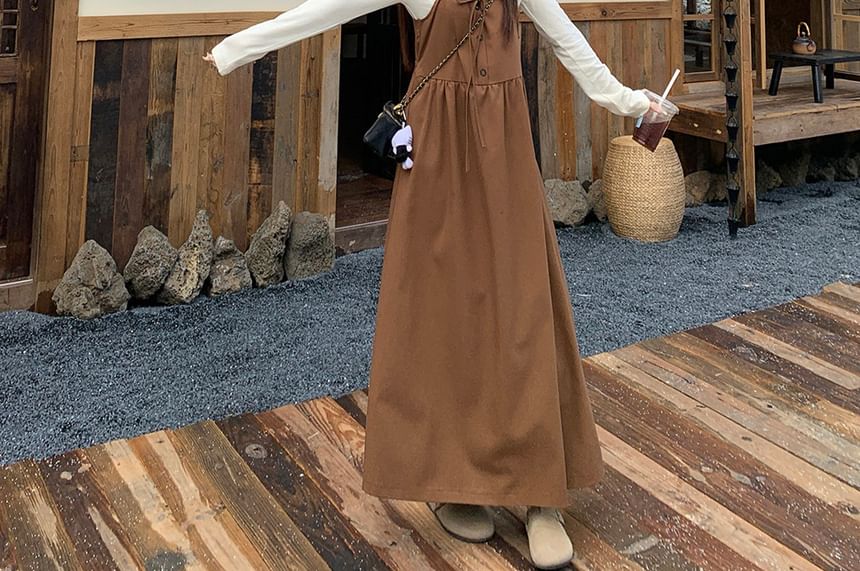Long Sleeve Henley Plain T-Shirt / Plain Drawstring Button Maxi A-Line Dungaree Dress