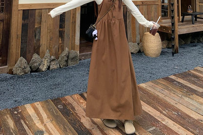 Long Sleeve Henley Plain T-Shirt / Plain Drawstring Button Maxi A-Line Dungaree Dress