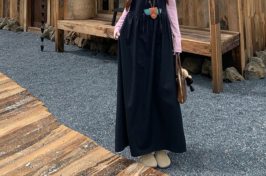 Long Sleeve Henley Plain T-Shirt / Plain Drawstring Button Maxi A-Line Dungaree Dress