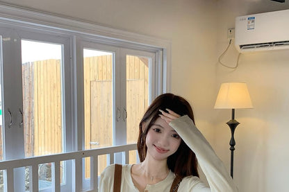 Long Sleeve Henley Plain T-Shirt / Plain Drawstring Button Maxi A-Line Dungaree Dress