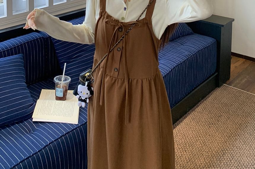 Long Sleeve Henley Plain T-Shirt / Plain Drawstring Button Maxi A-Line Dungaree Dress