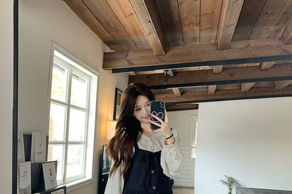 Long Sleeve Henley Plain T-Shirt / Plain Drawstring Button Maxi A-Line Dungaree Dress