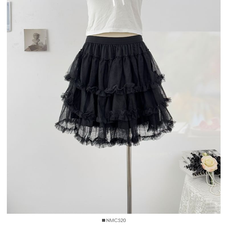 Frill Tiered Mesh Mini A-Line Skirt