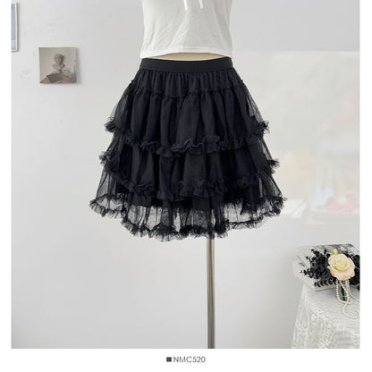 Frill Tiered Mesh Mini A-Line Skirt