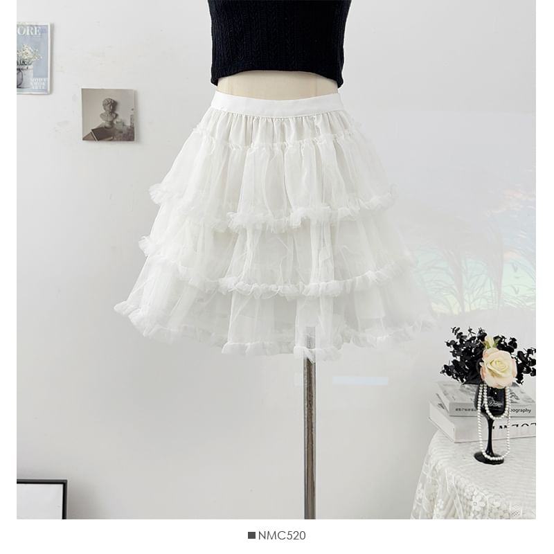 Frill Tiered Mesh Mini A-Line Skirt