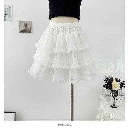 Frill Tiered Mesh Mini A-Line Skirt
