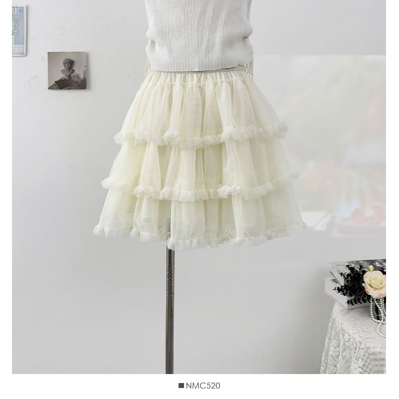Frill Tiered Mesh Mini A-Line Skirt