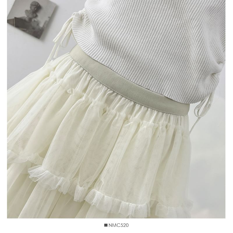 Frill Tiered Mesh Mini A-Line Skirt