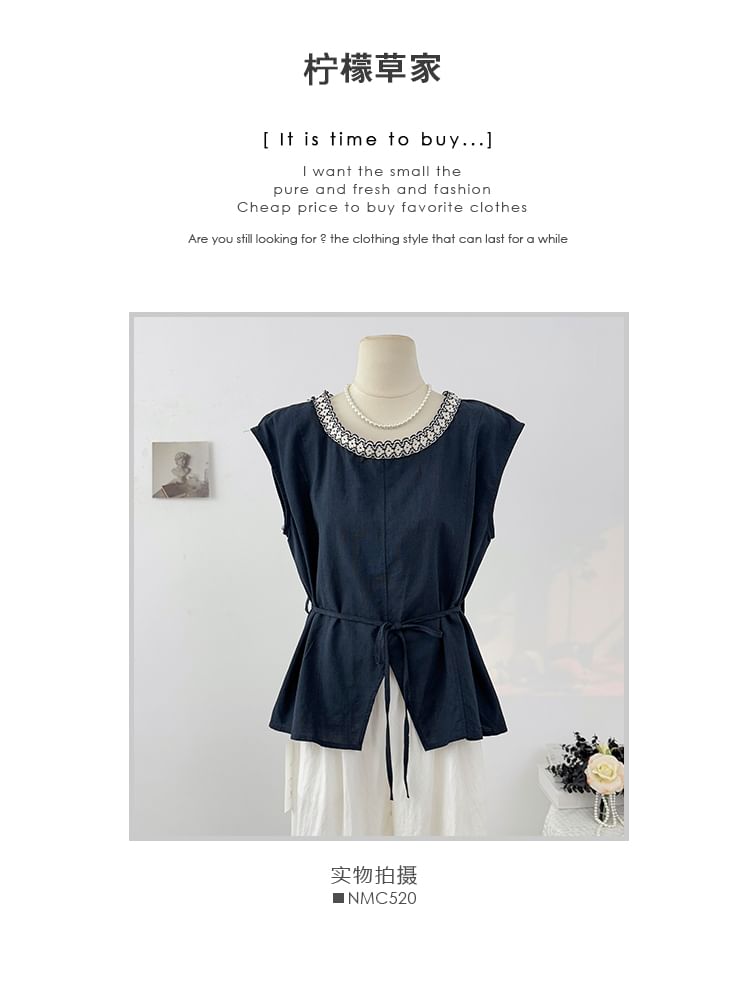 Tie-Waist Blouse with Lace Trim Round Neck and Sleeveless Cut