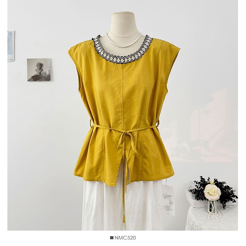 Tie-Waist Blouse with Lace Trim Round Neck and Sleeveless Cut