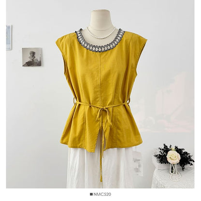 Tie-Waist Blouse with Lace Trim Round Neck and Sleeveless Cut