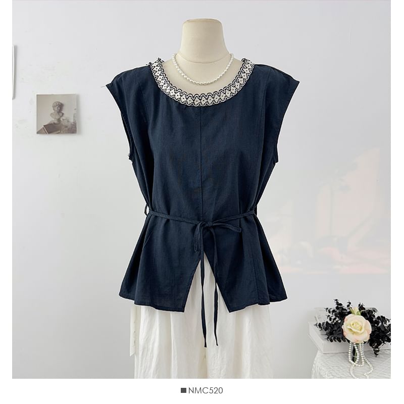 Tie-Waist Blouse with Lace Trim Round Neck and Sleeveless Cut