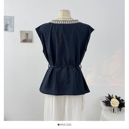 Tie-Waist Blouse with Lace Trim Round Neck and Sleeveless Cut