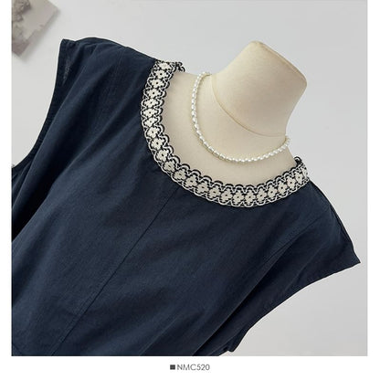 Tie-Waist Blouse with Lace Trim Round Neck and Sleeveless Cut