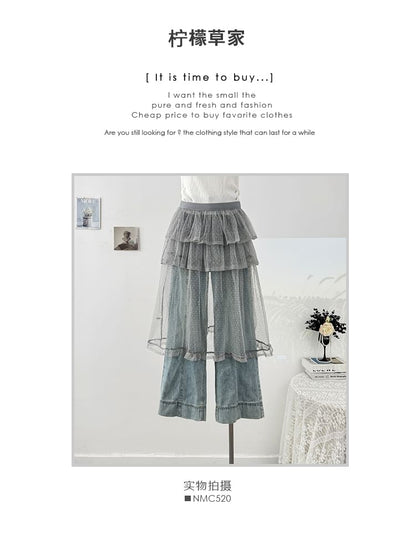 Dotted Mesh Overlay Tiered Skirt