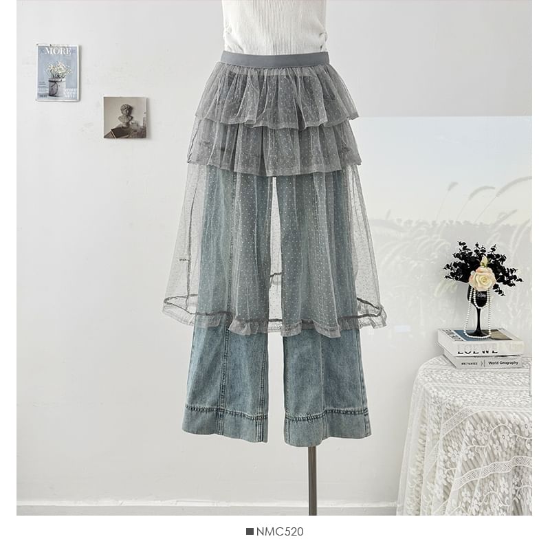 Dotted Mesh Overlay Tiered Skirt