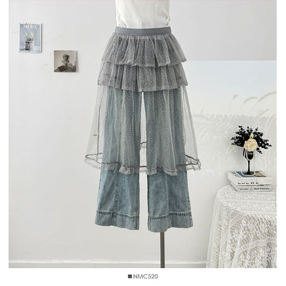 Dotted Mesh Overlay Tiered Skirt