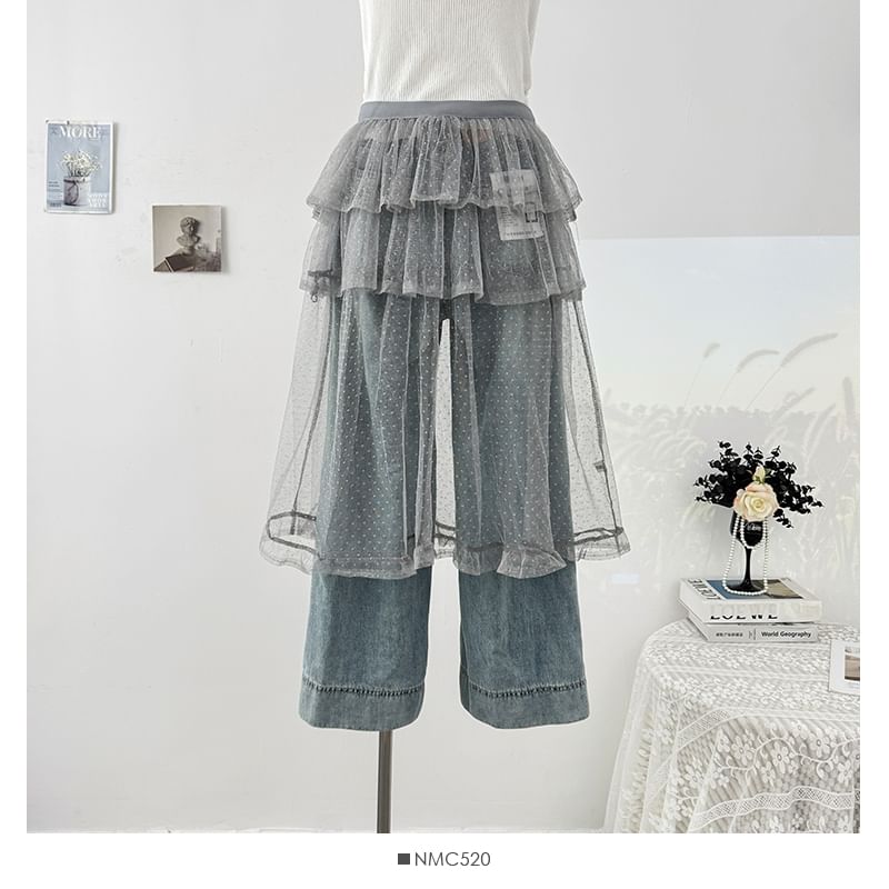 Dotted Mesh Overlay Tiered Skirt