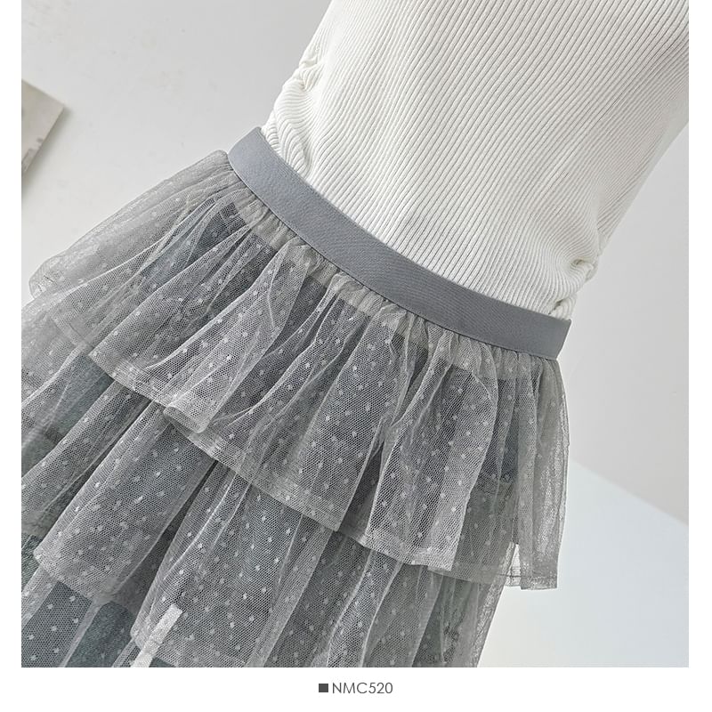 Dotted Mesh Overlay Tiered Skirt