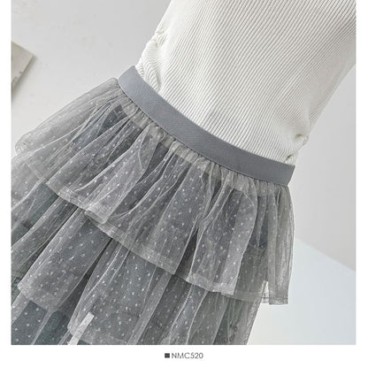 Dotted Mesh Overlay Tiered Skirt