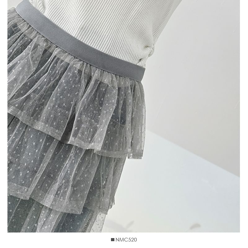 Dotted Mesh Overlay Tiered Skirt