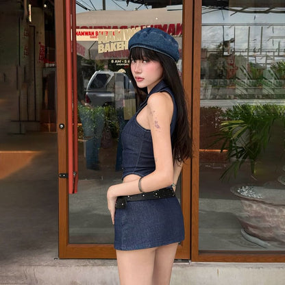 V-Neck Cropped Vest with Low Waist Pencil Skirt Set