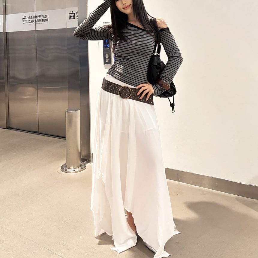 High Waist Asymmetric A-Line Maxi Skirt