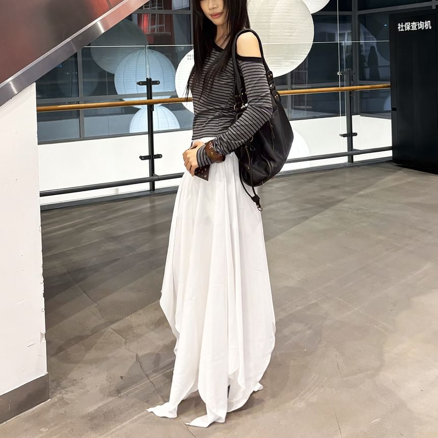 High Waist Asymmetric A-Line Maxi Skirt
