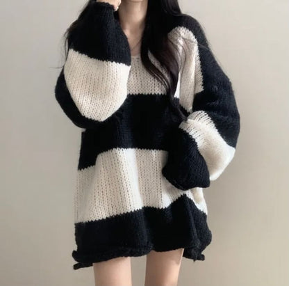 Oversized Striped Sweater with V-Neckline