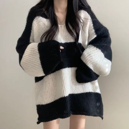 Oversized Striped Sweater with V-Neckline