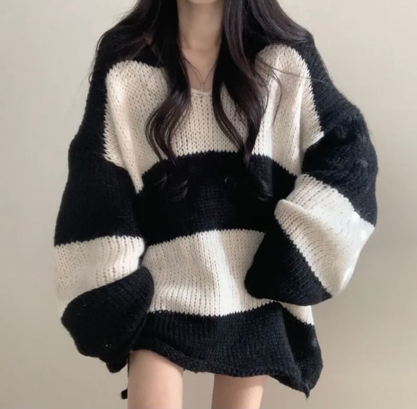 Oversized Striped Sweater with V-Neckline