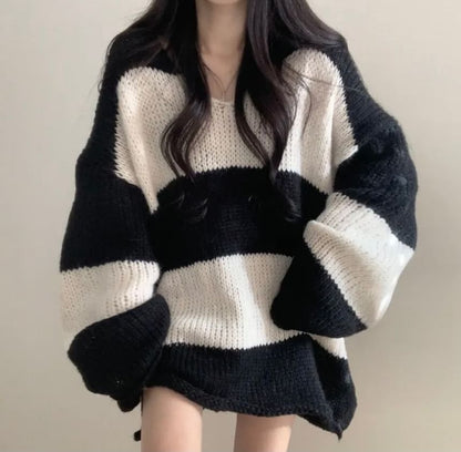 Oversized Striped Sweater with V-Neckline