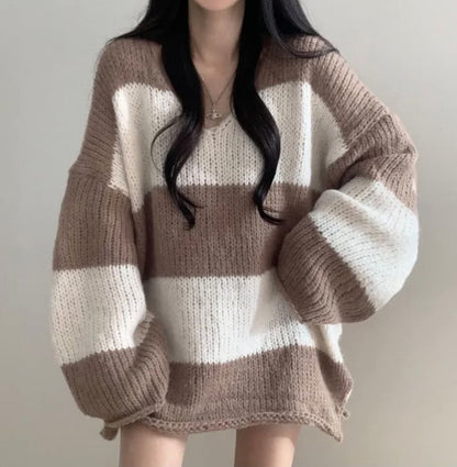 Oversized Striped Sweater with V-Neckline