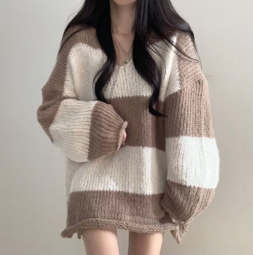 Oversized Striped Sweater with V-Neckline