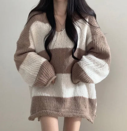 Oversized Striped Sweater with V-Neckline