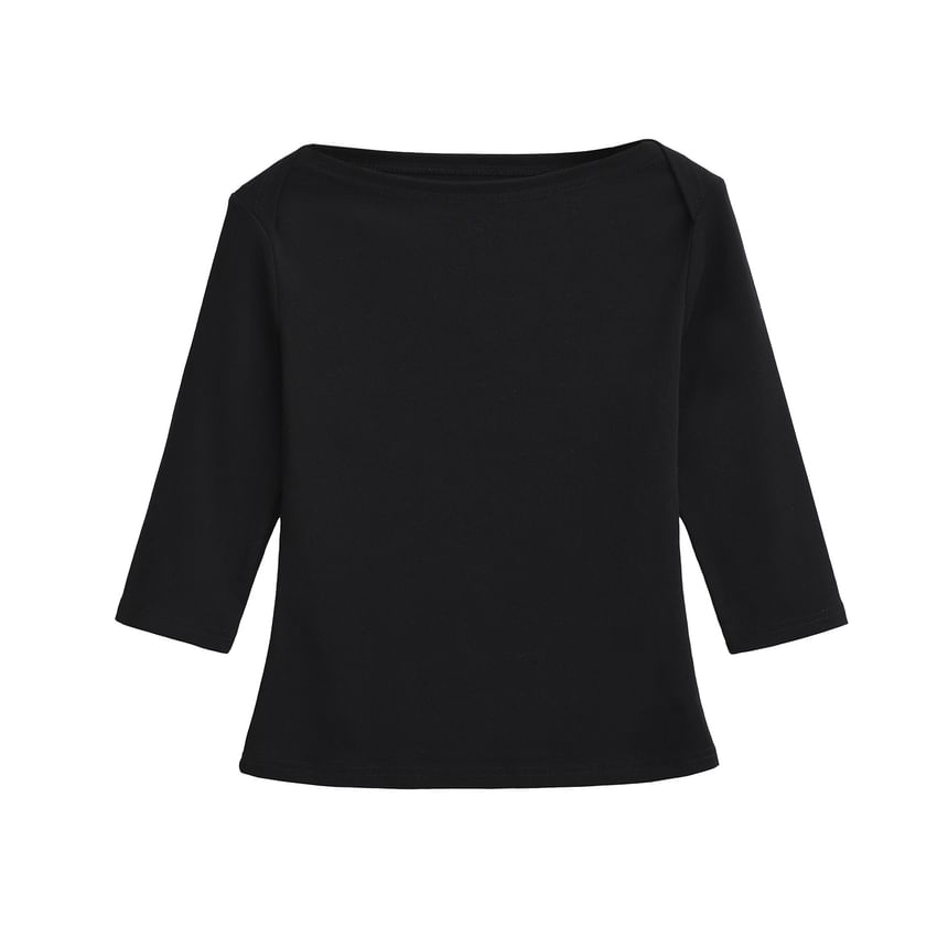 Plain Top with Boat Neckline and Elbow-Length Sleeves