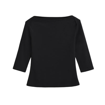 Plain Top with Boat Neckline and Elbow-Length Sleeves