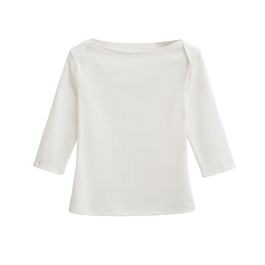 Plain Top with Boat Neckline and Elbow-Length Sleeves