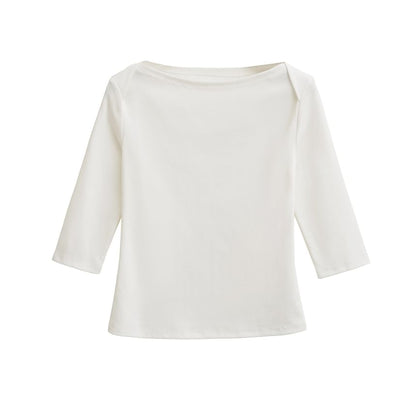 Plain Top with Boat Neckline and Elbow-Length Sleeves