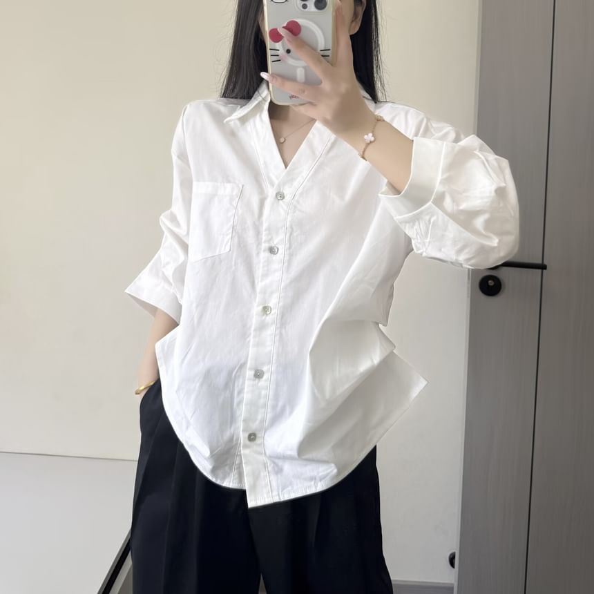 Ruched Collared Shirt with V-Neckline and Three-Quarter Sleeves