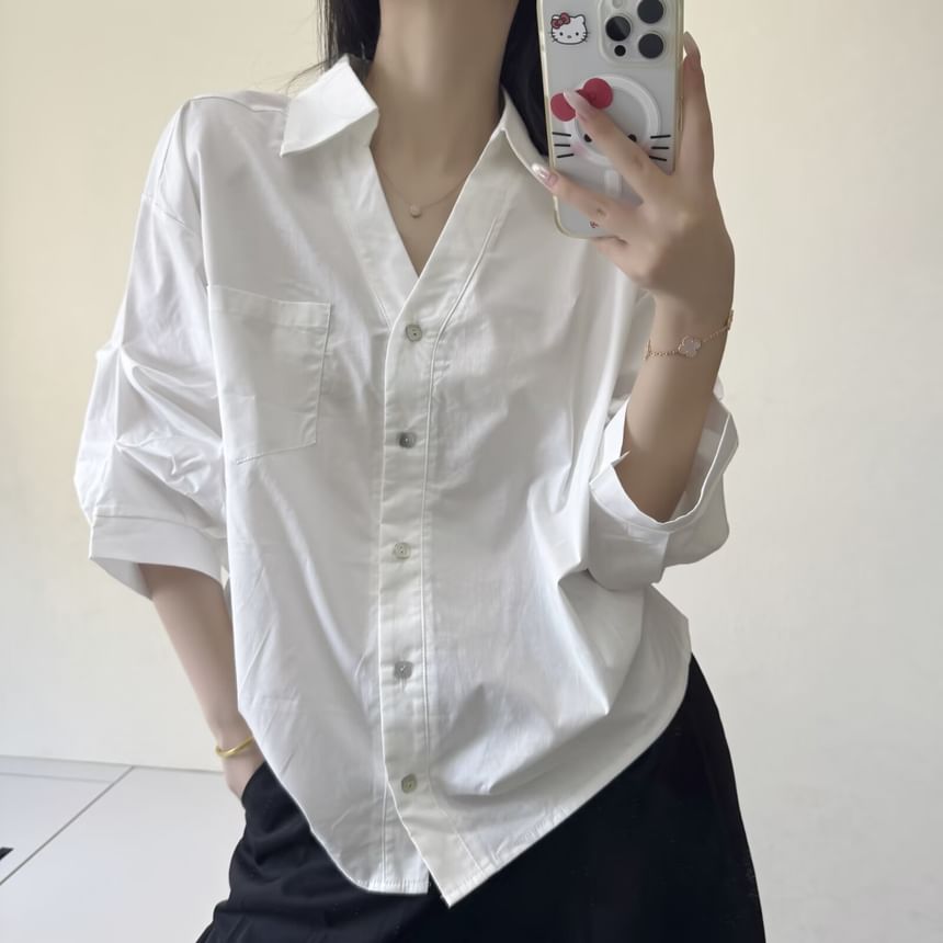Ruched Collared Shirt with V-Neckline and Three-Quarter Sleeves