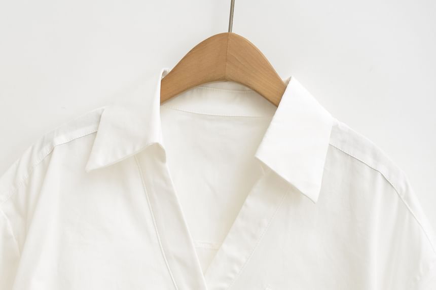 Ruched Collared Shirt with V-Neckline and Three-Quarter Sleeves