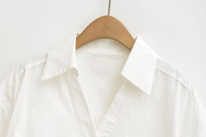 Ruched Collared Shirt with V-Neckline and Three-Quarter Sleeves