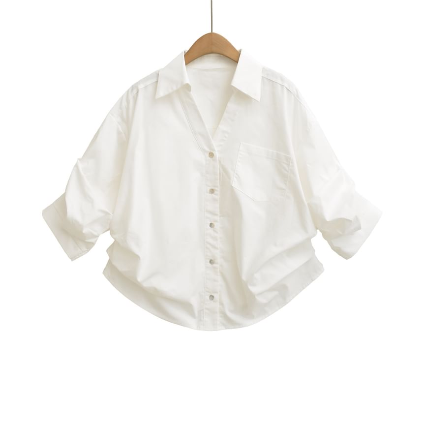 Ruched Collared Shirt with V-Neckline and Three-Quarter Sleeves