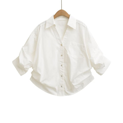 Ruched Collared Shirt with V-Neckline and Three-Quarter Sleeves
