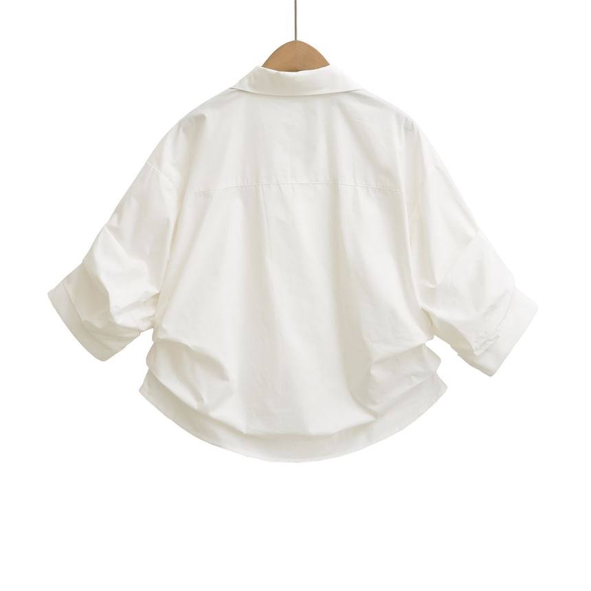 Ruched Collared Shirt with V-Neckline and Three-Quarter Sleeves