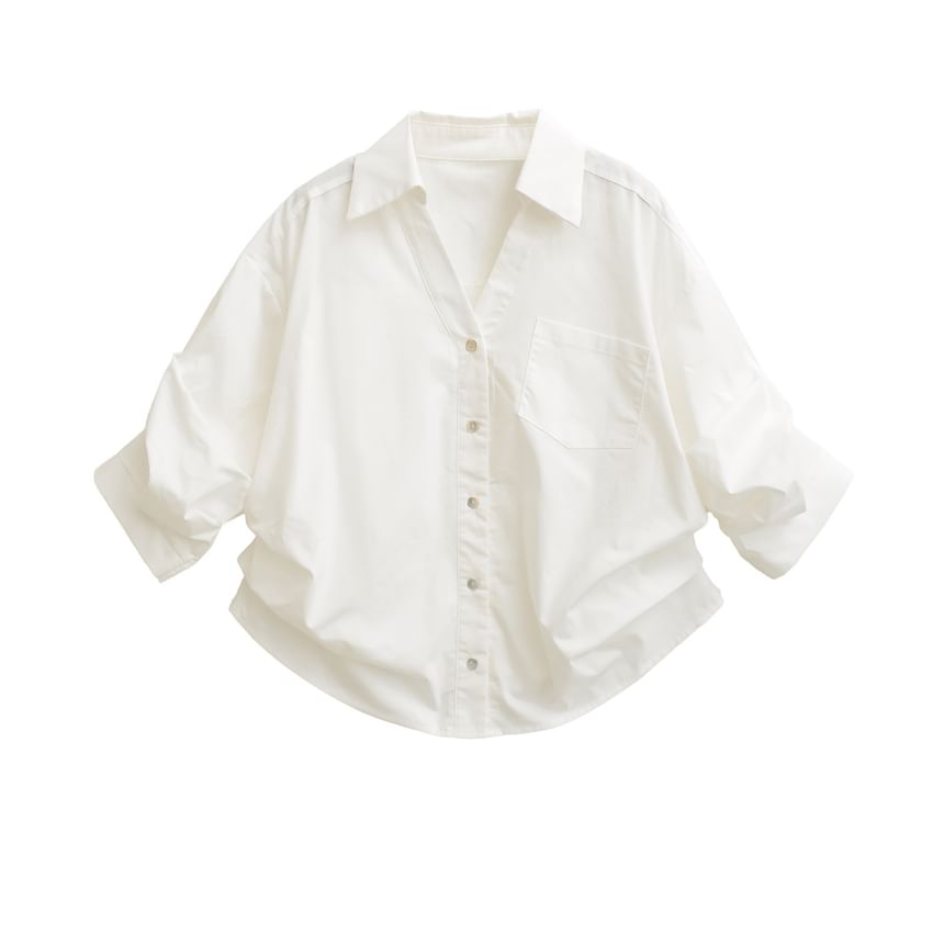Ruched Collared Shirt with V-Neckline and Three-Quarter Sleeves
