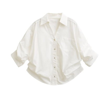 Ruched Collared Shirt with V-Neckline and Three-Quarter Sleeves